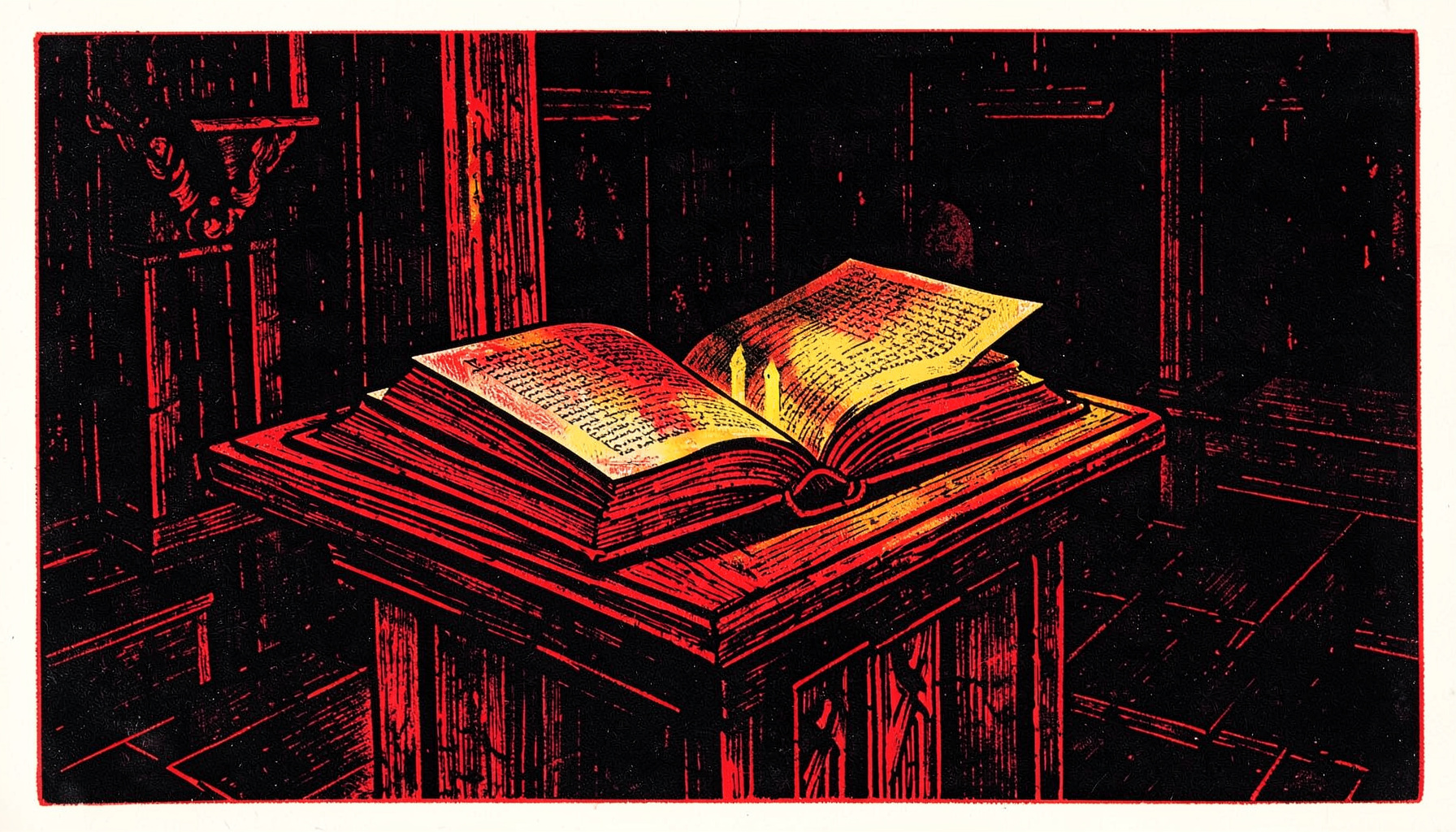 A carved linocut relief print of an open book resting on a wooden lectern, candlelight pooling across the pages, deep blacks and warm amber tones against a shadowed sanctuary interior.