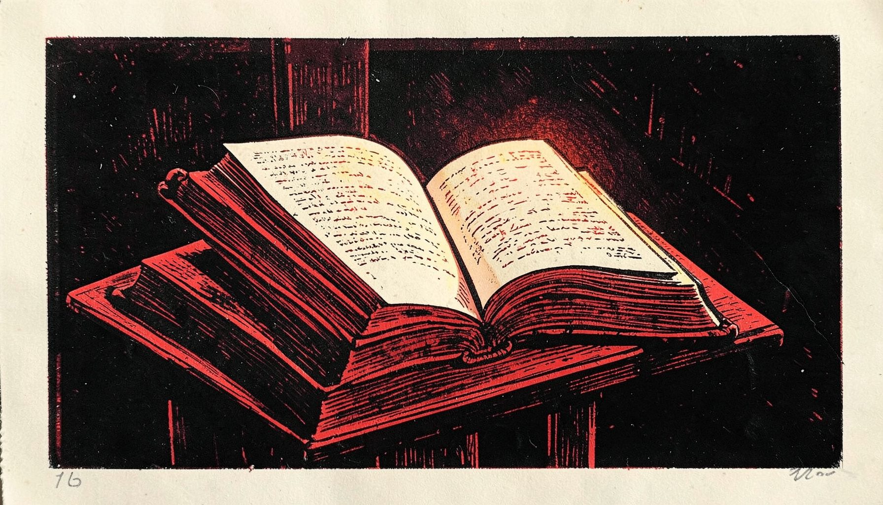 A carved linocut relief print of an open book resting on a wooden lectern, with soft candlelight pooling across the page. Deep charcoal blacks, warm amber highlights, and muted ivory tones create a quiet, contemplative mood.