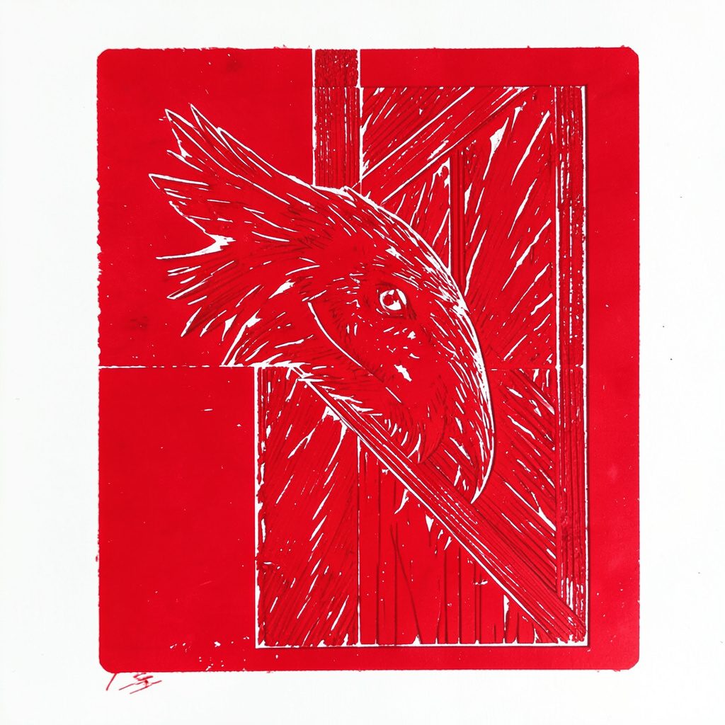 A carved linocut relief print in deep crimson and charcoal, showing a solitary figure walking a quiet pilgrimage road beneath a single distant star, rendered in high-contrast angular cuts