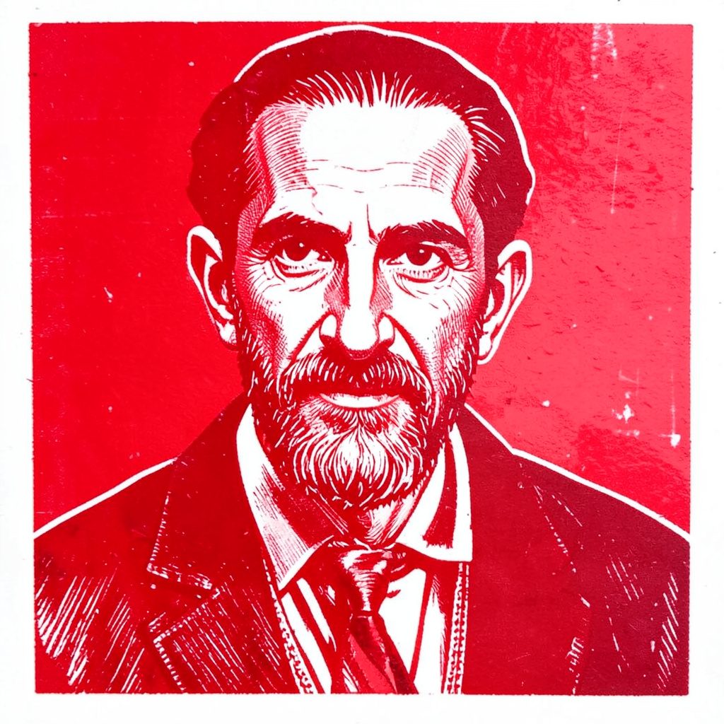 A carved linocut relief print in muted charcoal and silver tones, showing a priest in profile with hands folded, set against an angular engraved background