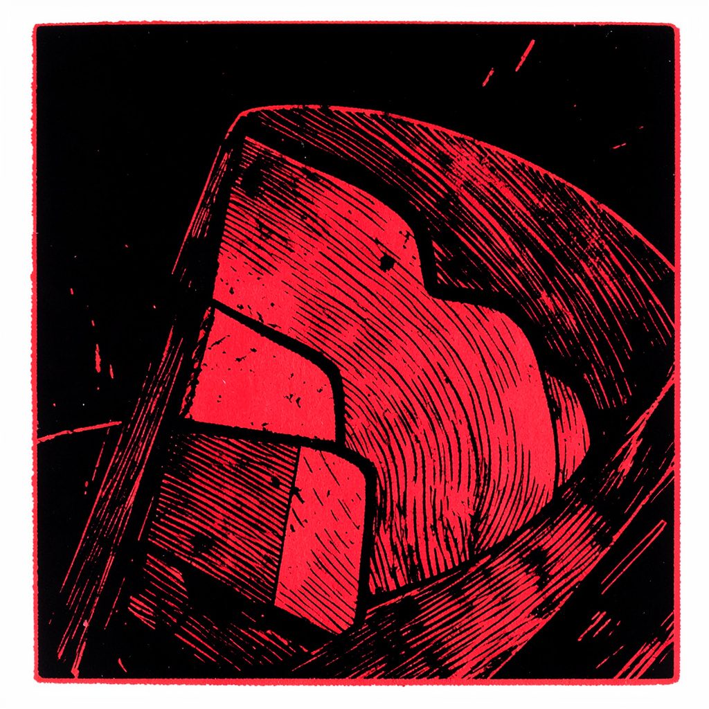 A carved linocut relief print in deep crimson and black, depicting a single steady flame burning against a darkened horizon, rendered in high-contrast angular strokes