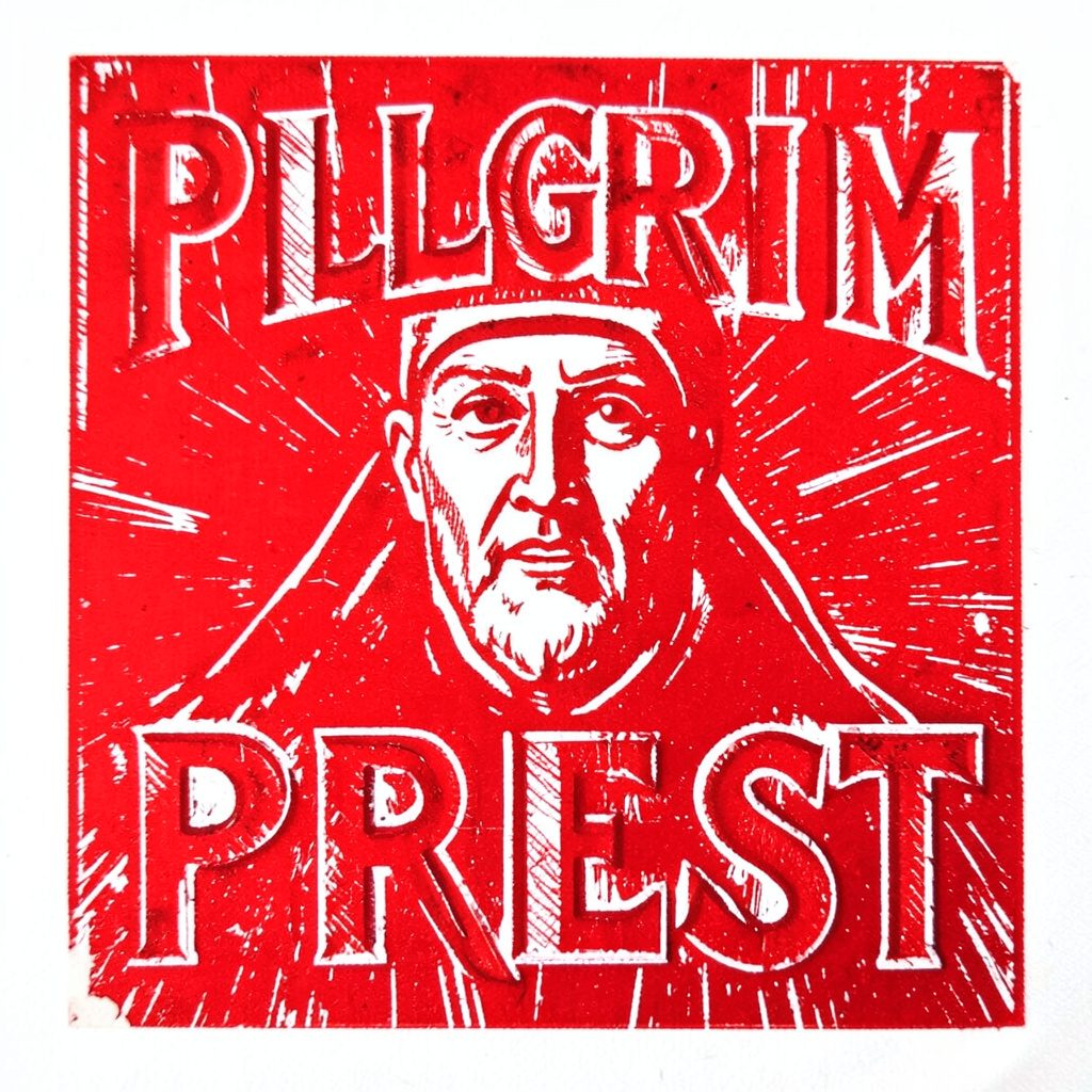 A carved linocut relief print in deep charcoal with crimson accents, showing a pilgrim figure mid-stride, framed by angular horizon lines