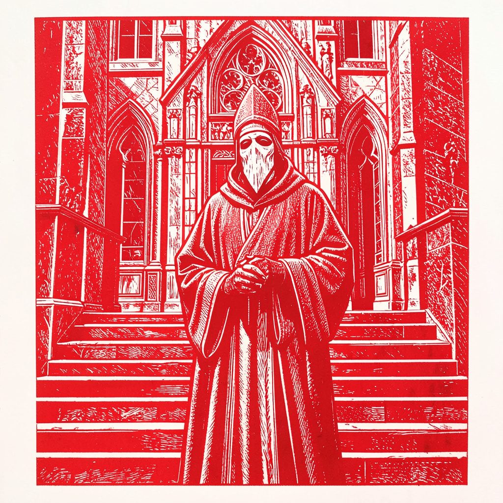 A carved linocut relief print in dark crimson and charcoal, showing a silhouetted figure standing at the foot of broad stone steps, rendered in angular relief
