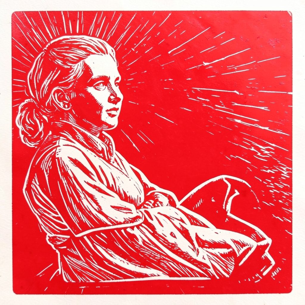 A carved linocut relief print in muted silver and warm grey, showing a robed figure in quiet devotion, rendered in sharp engraved strokes