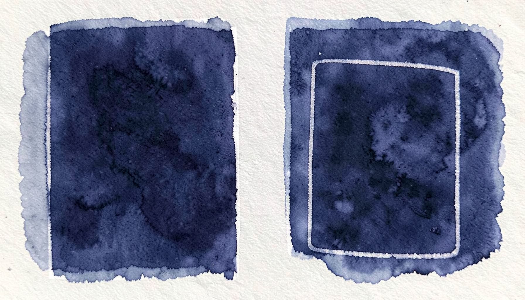 Soft watercolour of deep navy rectangles outlined in white on a pale background