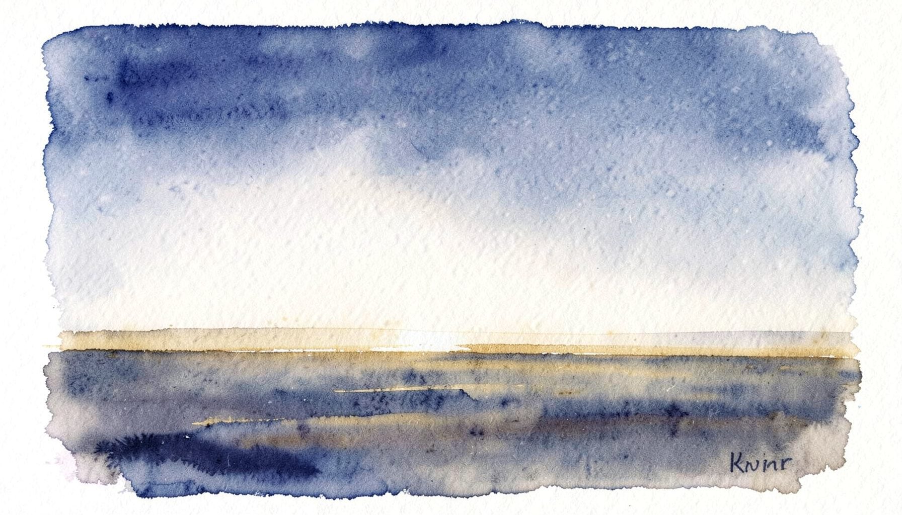 Soft watercolour painting in navy and gold tones depicting a calm horizon, suggesting a wide, open, neutral atmosphere