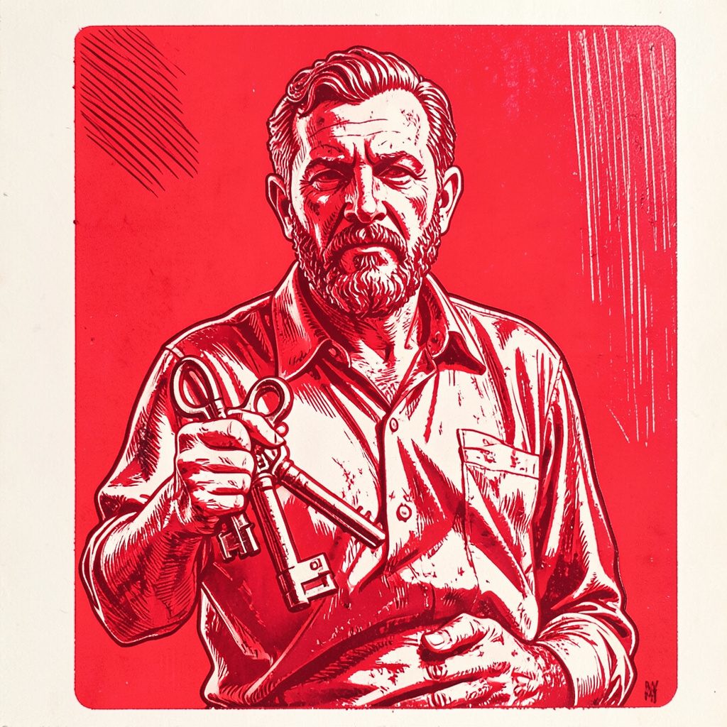 A carved linocut relief print in grey and deep red, showing a standing figure holding keys, framed by angular engraved lines