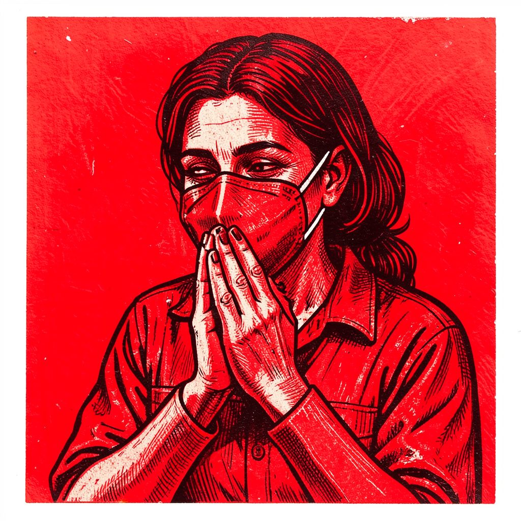 A carved linocut relief print in muted silver and black, depicting a person kneeling in prayer, rendered in sharp angular cuts
