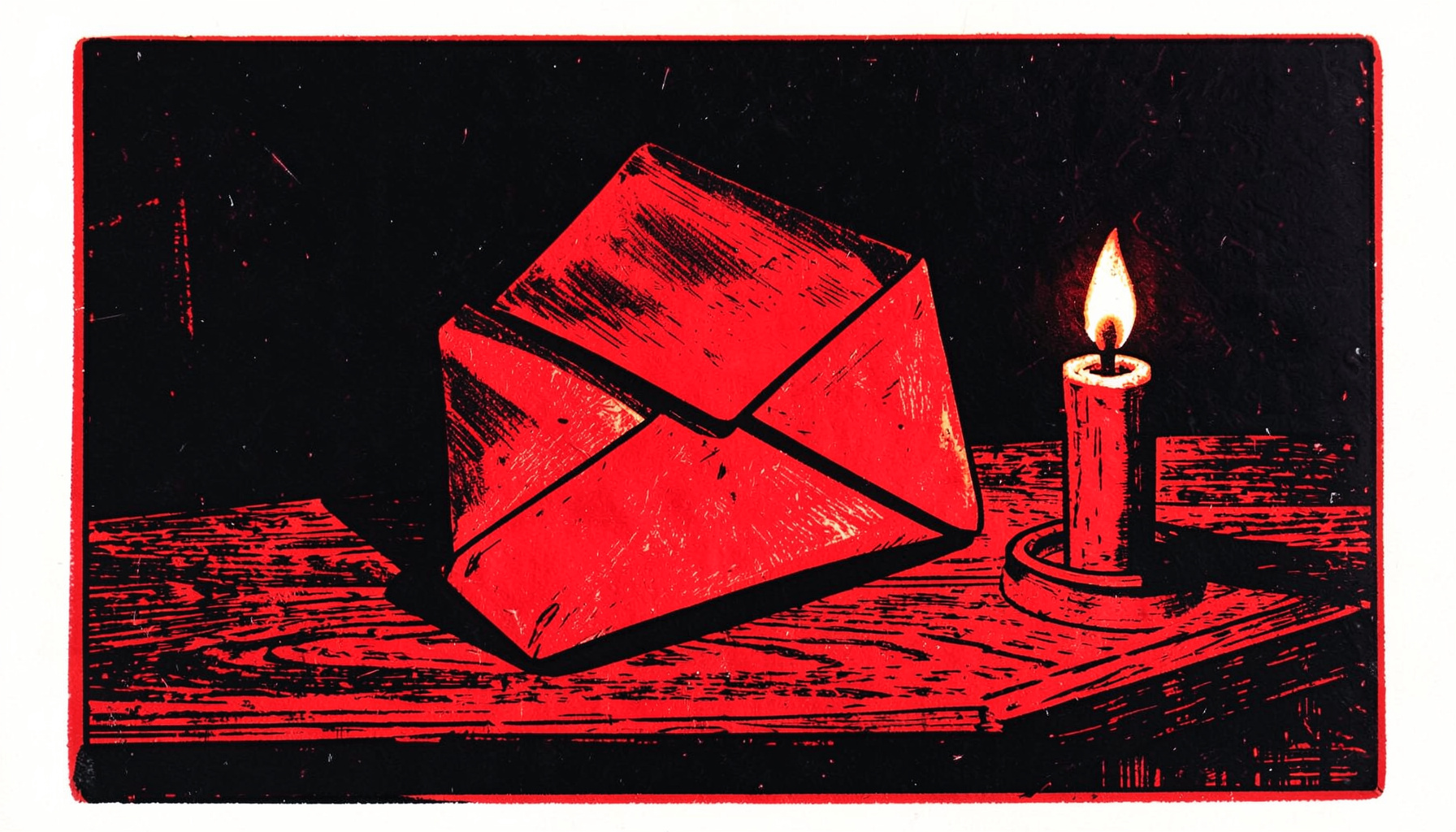 A carved linocut relief print of an open envelope resting on a wooden desk beside a lit candle, with deep shadows and warm amber highlights against a dark background.